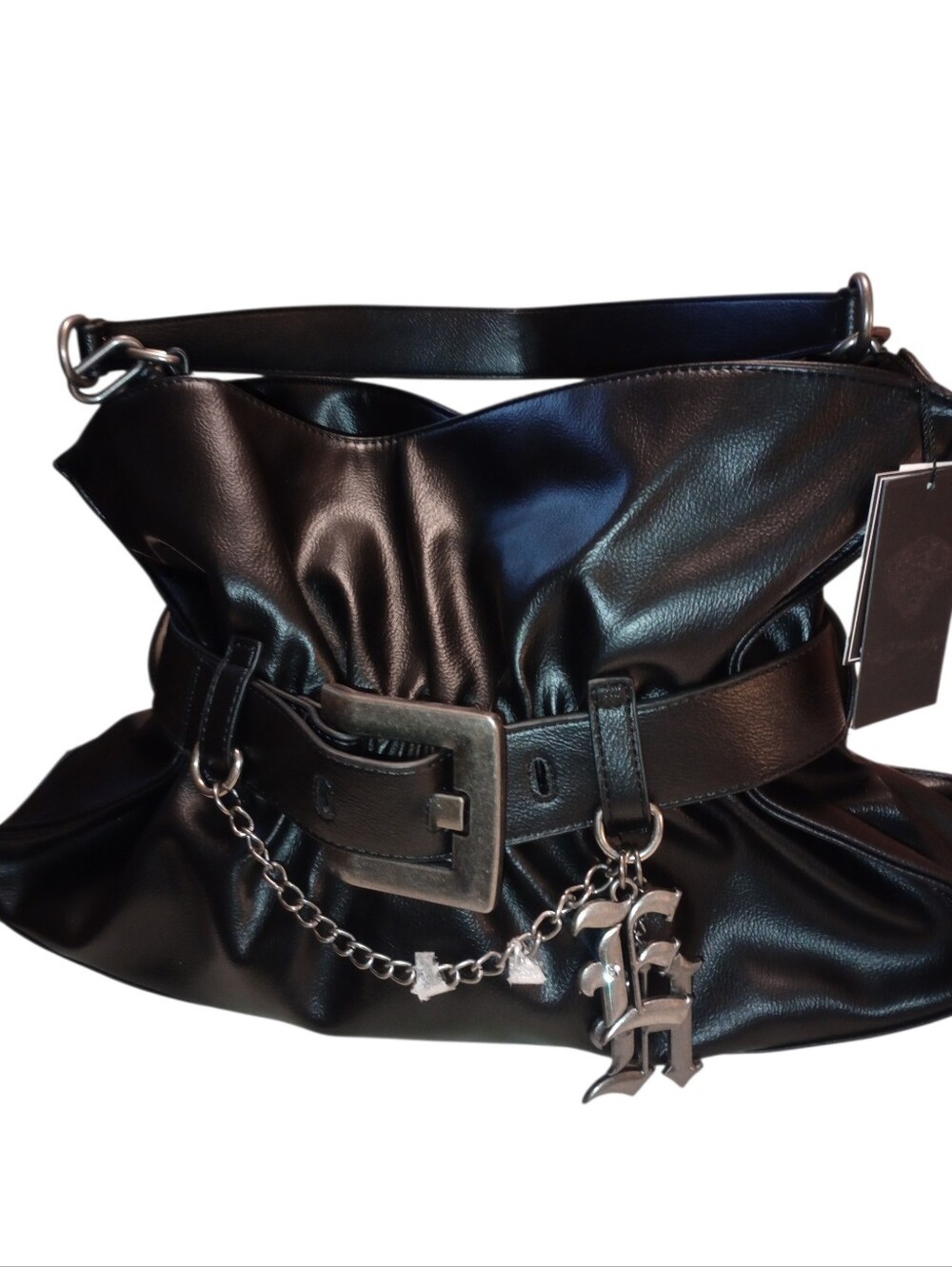 Ed Hardy Black Faux Leather Belted Shoulder Bag with Chain Charm, NWT